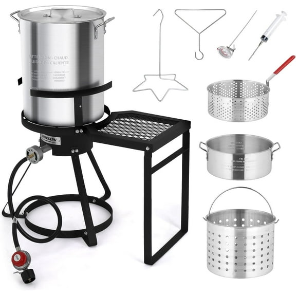 TUFFIOM 30QT Turkey Fryer & 10QT Fish Fryer Kit, 55000BTU Propane Stove with Shelf, Aluminum Outdoor Deep Fryer & Seafood Boiler Steamer w/ Baskets, Thermometer, Marinade Injector, Rack & Lifter