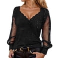 thumbnail image 2 of Glitter Sequin Tops for Women Long Mesh Sleeve Patchwork Loose V Neck Sparkly Shirts Night out Top Rave Outfits, 2 of 6