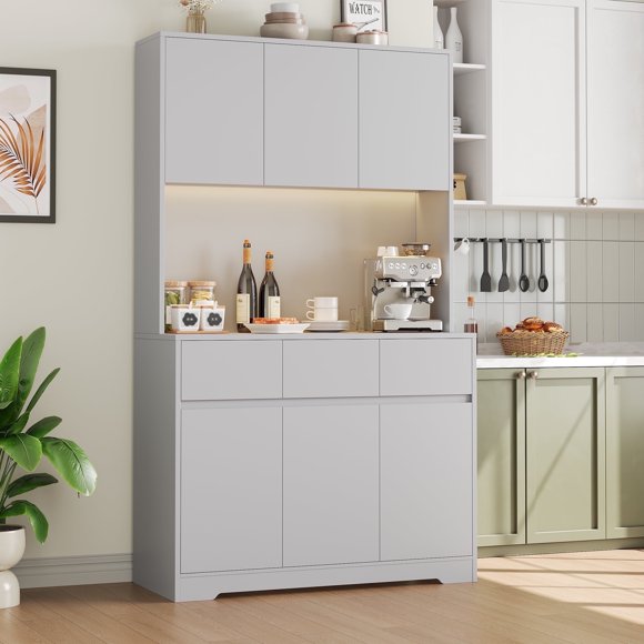 Homfa Armoire de Garde-Manger de Cuisine de 70,9 Po de Hauteur avec Station de Recharge et Lumière DEL, Armoire de Rangement à 3 Tiroirs avec Tablettes Ajustables, Gris