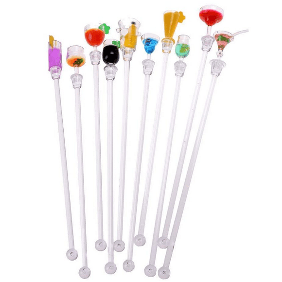 Roofei Swizzle Sticks 10 Pcs Colorful Beverage Stirrers 9" Drink Stirrer Acrylic Cocktail Stirrer Clear Shafts Cocktail Drink Stirrers for Bars Restaurants Home