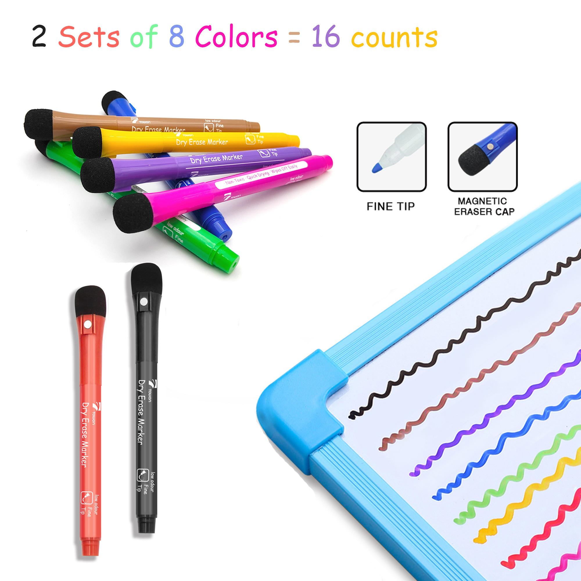 TOWON 16 Pack Magnetic Dry Erase Markers with Eraser - Fine Tip