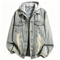 thumbnail image 4 of Jerdar Men's Faux Two Piece Hooded Denim Trucker Jacket Lapel Collar Button Flap Pockets Washed Long Sleeve Loose Fit Vintage Casual Fall Winter Streetwear Jean Outerwear Coat Top, 4 of 4