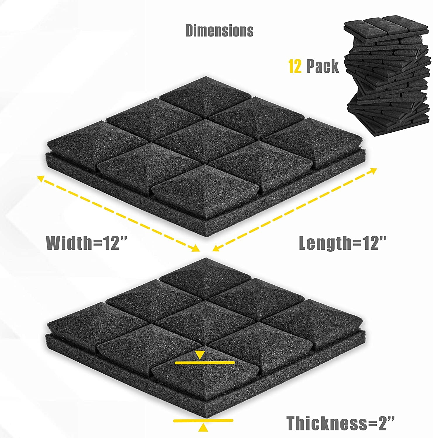 FStop Labs Wedge Tiles Acoustic Panels for Wall, Soundproof Foam, Black, 2'' X 12" X 12", 12 Pack
