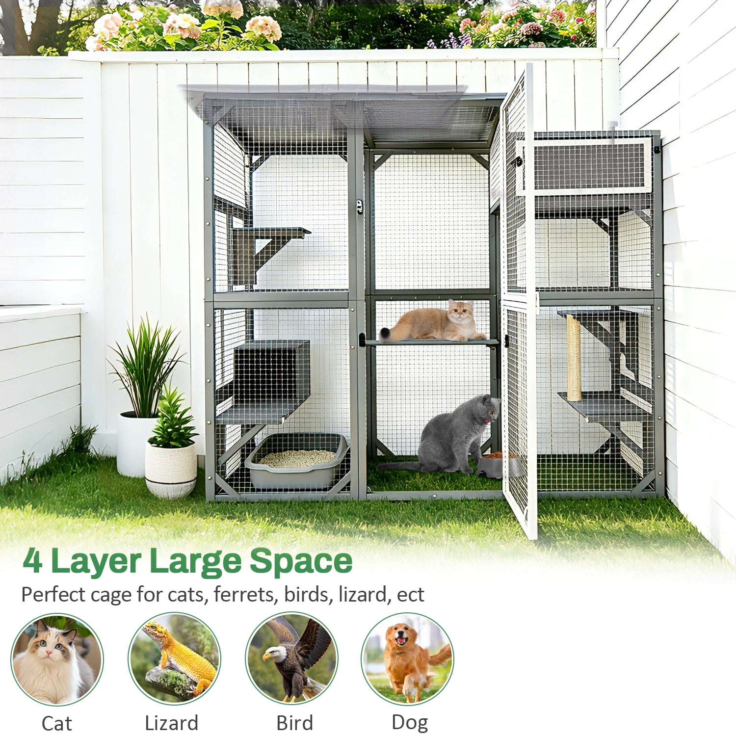 Wooden Outdoor Catio Enclosure for Pets with Scratching Post, Multi-Level Perches & Hideaways, Weatherproof Indoor/Outdoor Cat House with Roof, 5 Platforms & Resting Den, UV-Resistant