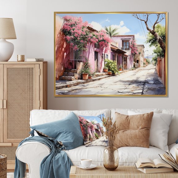 Designart "Pink Green Mexico Colonial beauty Watercolor" Mexico Floater Framed Canvas Wall Art