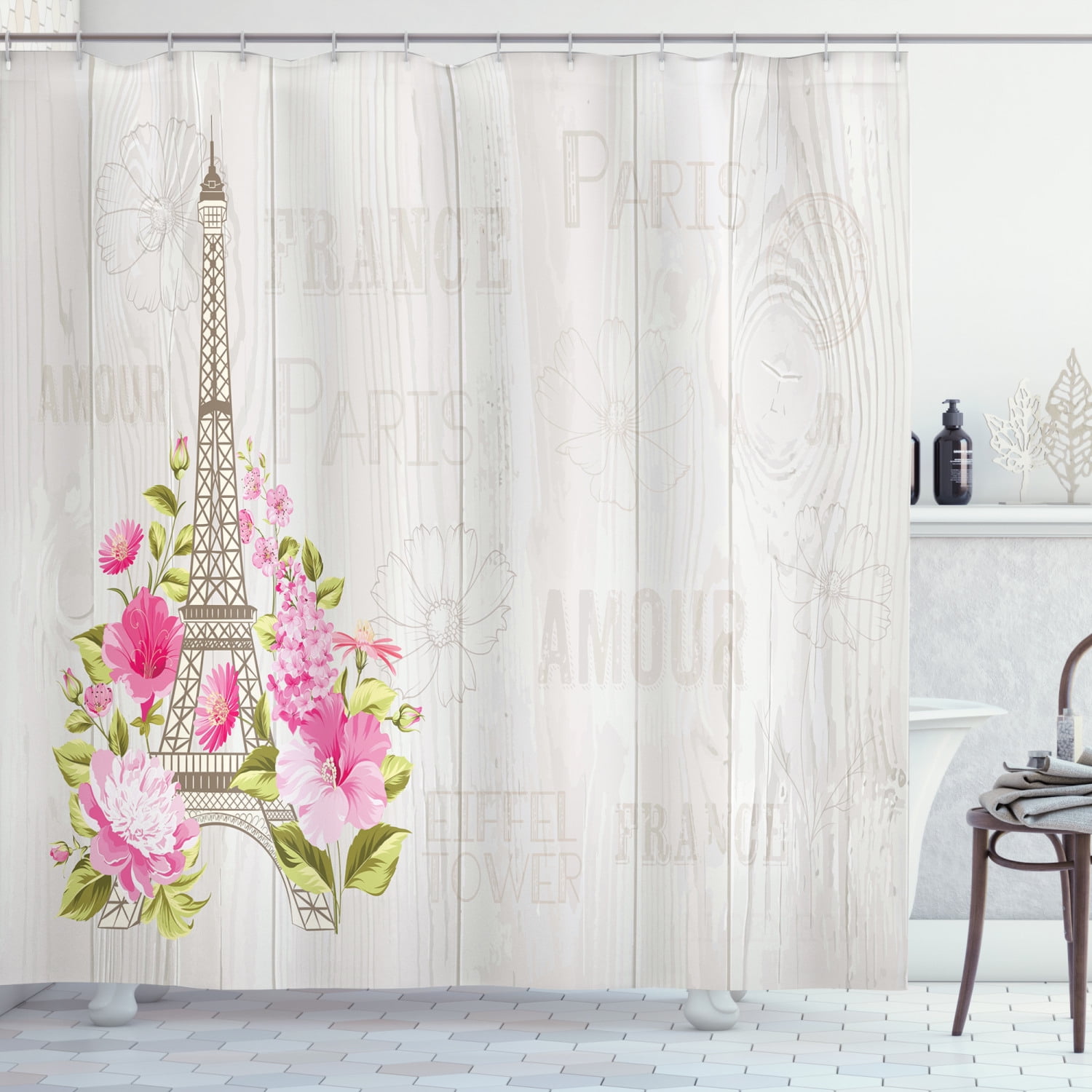 Flower Tree Above Rustic Wood Panel Shower Curtain Mat Waterproof Fabric 72X72" 