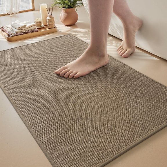 Bath Mat Rug-Ultra Thin Non Slip Bath Mats for Bathroom Mat Quick Dry, Rubber Backing Washable Bathroom Rugs Fit Under Door, Absorbent Bath Rugs for Floor,17"x24",Khaki