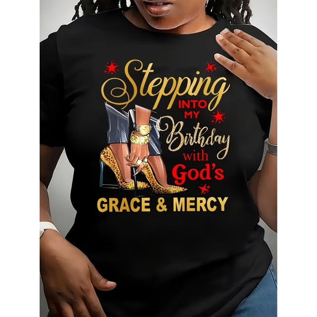 Camiseta inspiradora de cumpleaños con estampado "Gracia y Misericordia de Dios" | Camiseta informal de cuello redondo para mujer | Elastizado medio | Estampado geométrico | Top de punto de verano | R