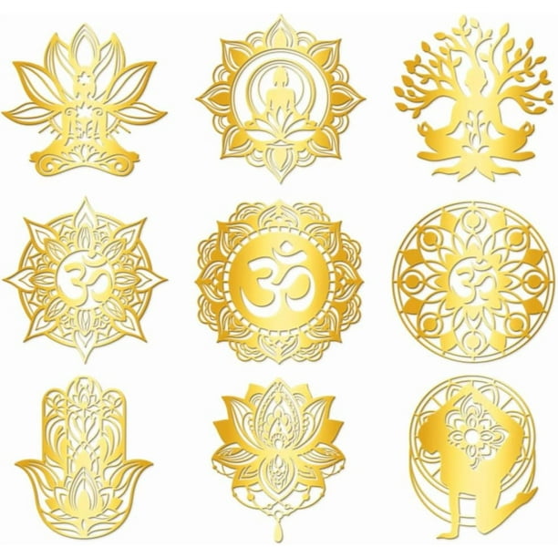 9 pegatinas autoadhesivas doradas de loto de 4 cm, calcomanías metálicas de geometría sagrada Om, mandala, pegatinas decorativas impermeables.