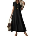 thumbnail image 2 of Tianiyouqing Linen Cotton Womens Dress V Neck Flowy Cover Up Vacation Sundresses Short Sleeve Zipper Back Casual Wedding Guest Tank Dresses Black M, 2 of 7