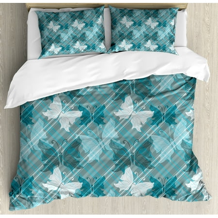 Grey And Teal Bedding Grunge Duvet Cover Set, Butterflies Pattern Checkered Backdrop Animal Spring Season Inspirations, Decorative Bedding Set with Pillow Shams, Pale Blue Teal Grey, by Ambesonne ()