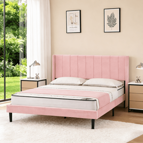 Gewnee Queen Size Upholstered Platform Bed Frame with Velvet Headboard,Wood Slats Support,Easy Assembly,No Box Spring Needed,Pink