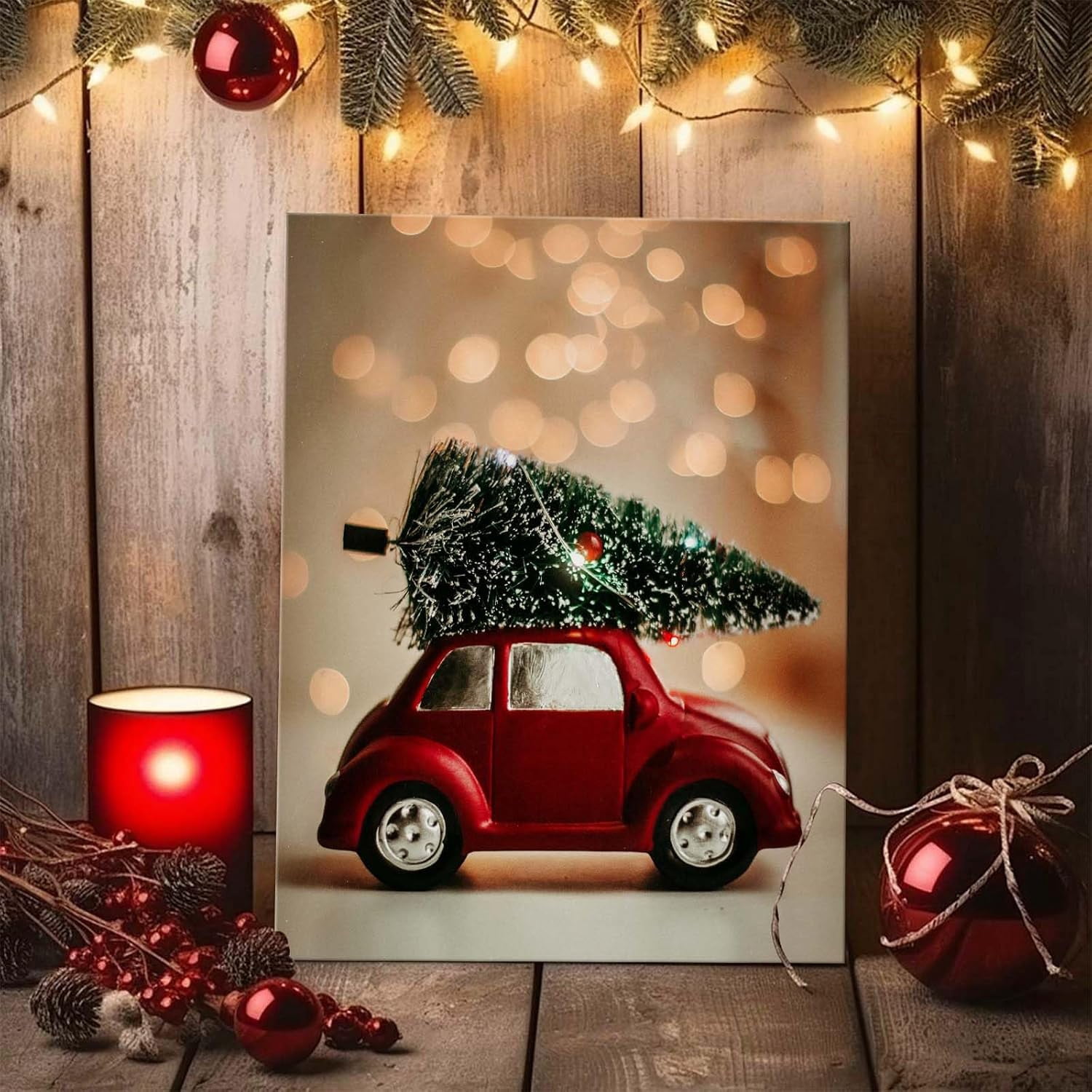 Christmas canvas wall art decor, Red Sedan with Cedar Trees and Lights, Festive Wall Decor for Living Room, Bedroom, Dining Room or Office, Adds Holiday Warmth to Your Home?8X10inch