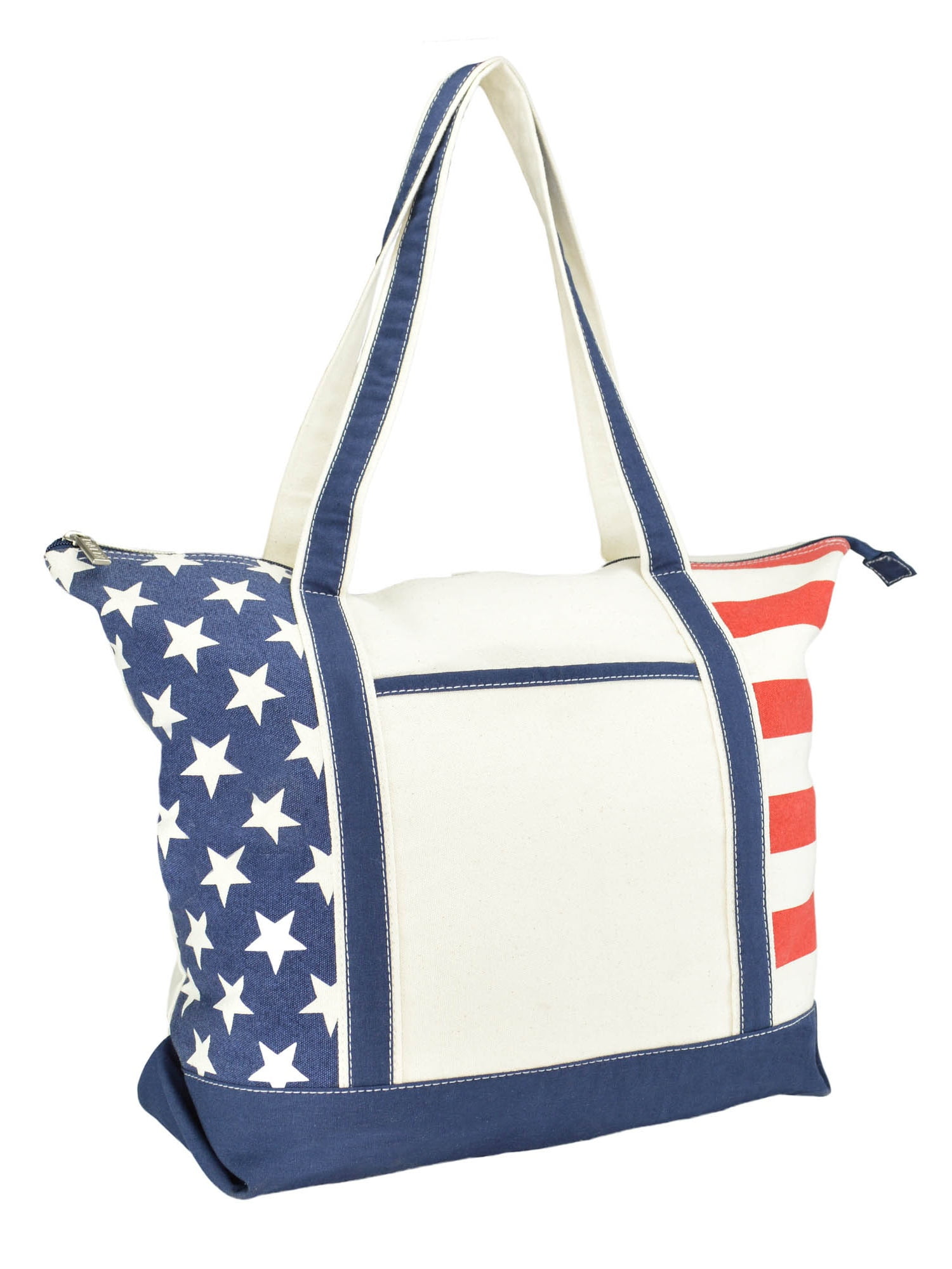 DALIX Stars and Stripes Zippered Cotton Canvas USA 4th of July Patriotic Handbag Shopping Tote