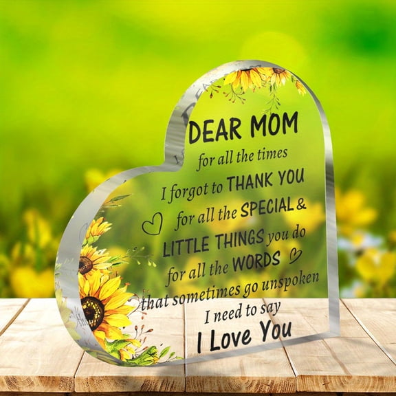 Heart Shaped Acrylic Decorative Ornament 3.9X3.9 Inch Dear Mom Engraved Sunflower Design Perfect Birthday Mothers Day Gift for Grandma No Power Needed Tabletop Home Office Decor Keepsake