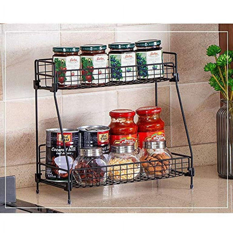 KINGBERWI 2-Tier Bathroom Countertop Organizer Cosmetic Storage Shelf Kitchen Spice Rack Black, Size: Large