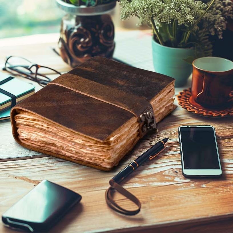 Leather Journal - Antique Handmade Deckle Edge Vintage Paper - Vintage Book of Shadows Journal for Women & Men - Lock Closure - 200 Pages