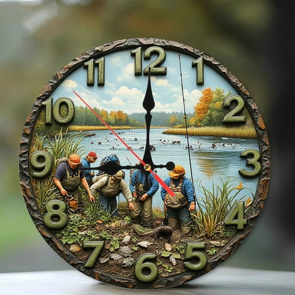 Fishing Scene Wall Clock Rustic Decor 10-Inch Silent Wooden Wall Clock, Battery Operated (AA Batteries Not Included), Artistic Home Decor