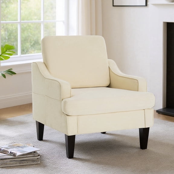 Mid Century Modern Beige Chenille Fabric Accent Chair with Wood Legs