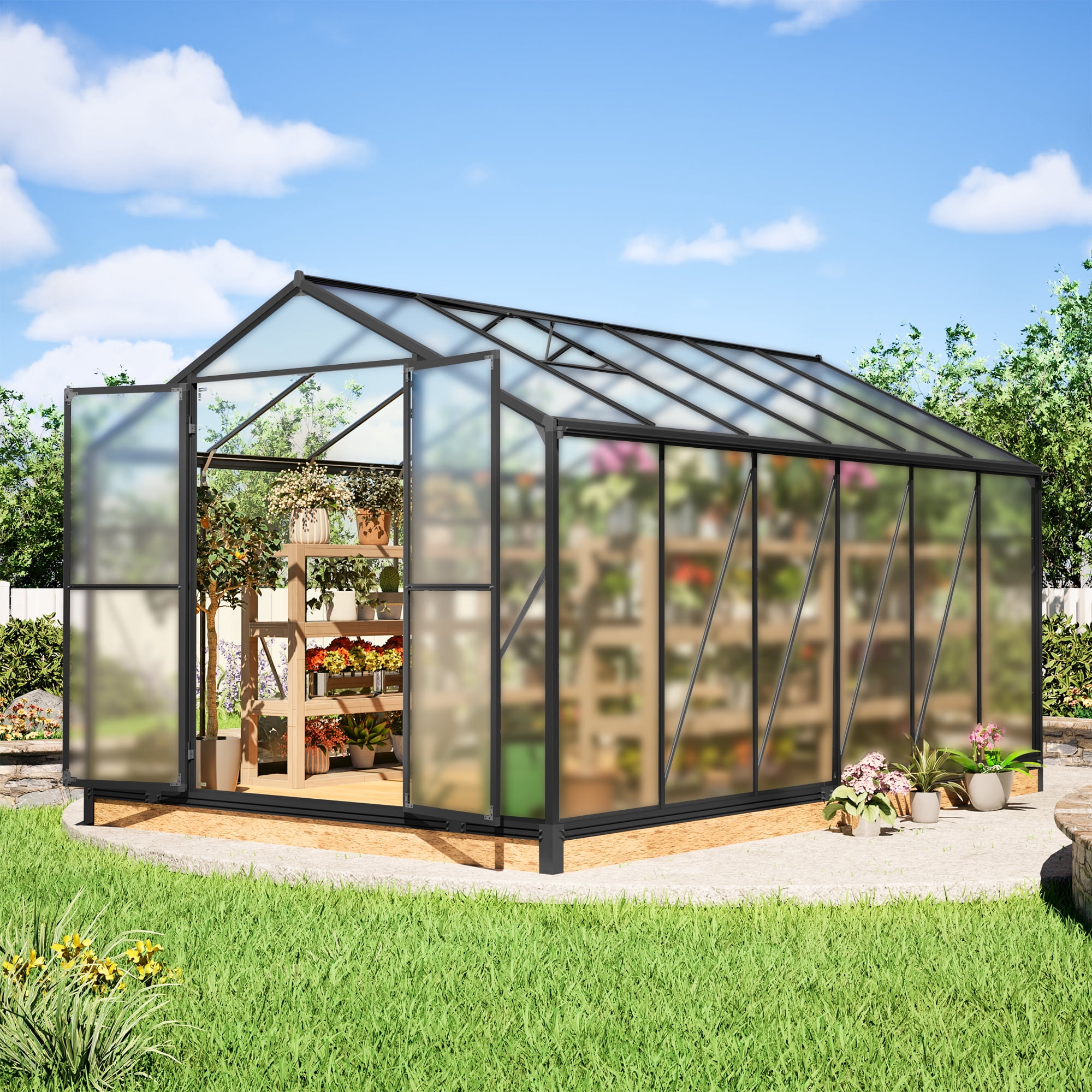 LZBEITEM 12'x8' Outdoor Greenhouse, Walk-in Polycarbonate Green House with Aluminum Frame for Backyard, Black