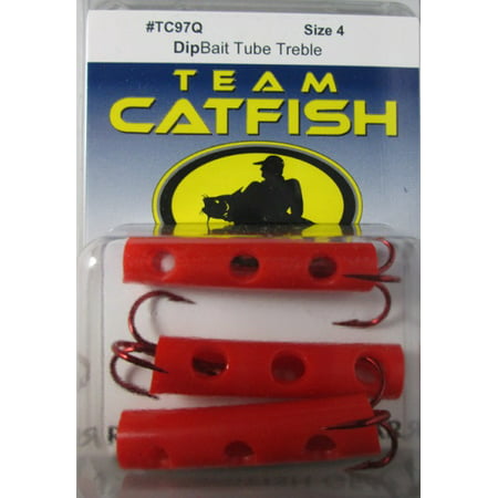 Team Catfish TC97Q4 Red Dip Bait Tube Treble Size 4 Fishing Hooks (3