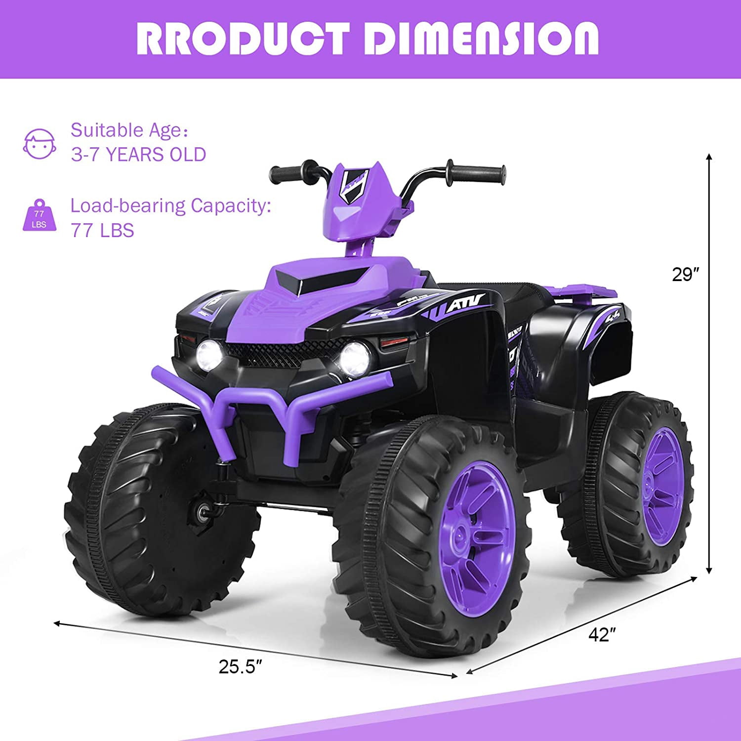 Infans 12V Kids 4-Wheeler ATV Quad Ride On Car w/ LED Light & Music Purple