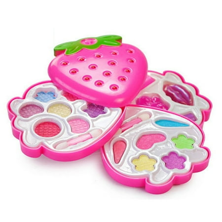 Three-layer Girls Pretend Playing Makeup Toys Water Solubility Strawberry-shaped Eye Shadow Powder For Baby Girls Playing -