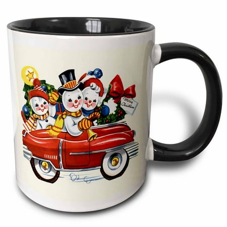 3dRose Cartoon Snow People Family in Red Car with Christmas Tree and Wreath - Two Tone Black Mug,