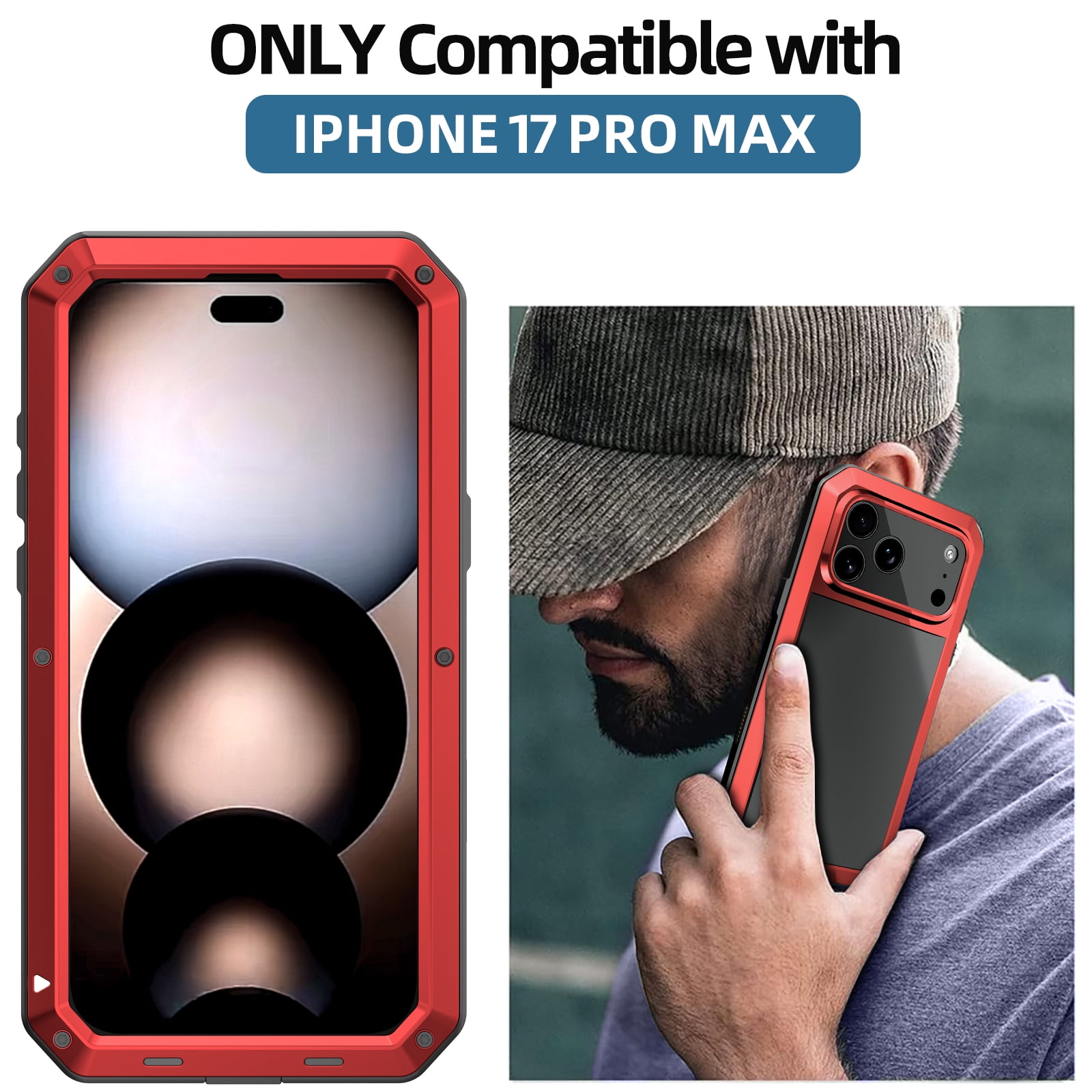 Dteck for iPhone 17 Pro Max (2025) Case, Heavy Duty Metal Full Body Protective Cover Shockproof Aluminum Alloy Cover with Silicone Built-in Screen Protector, Red