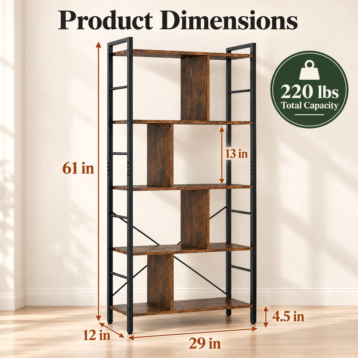 Furnibear 5-Tier Bookcase 61 Inch Tall Industrial Bookshelf with Metal Frame and Anti-Tip Anchors for Living Room Home Office Bedroom, Rustic Brown
