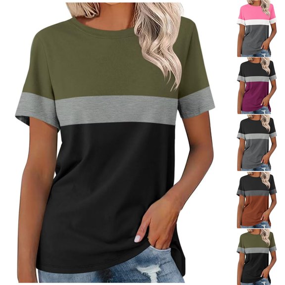 YHAJDS Womens Summer Tops Casual Short Sleeve Round Neck Striped Print Tee Fashion Top