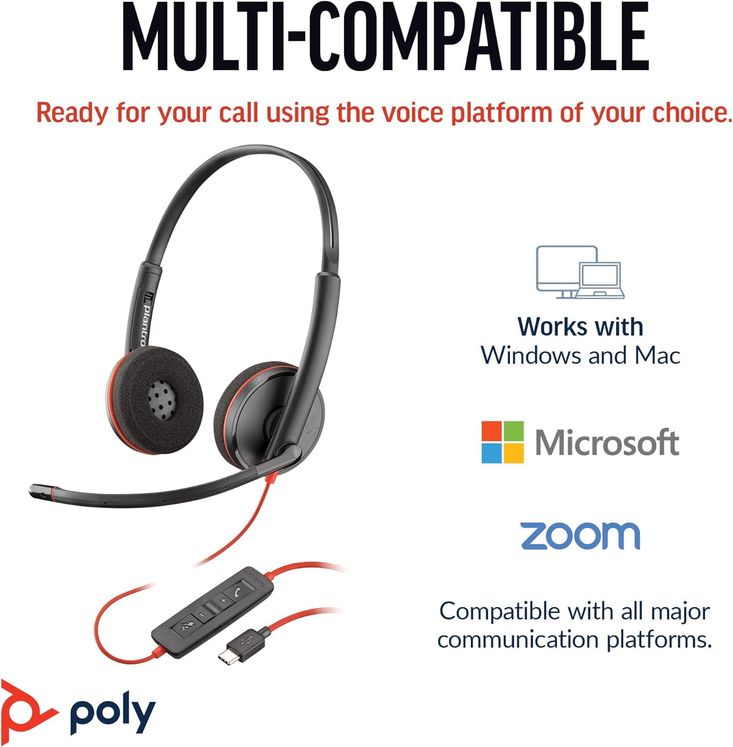 HP Poly Plantronics Blackwire 3220 On-Ear Mono Headset, Black