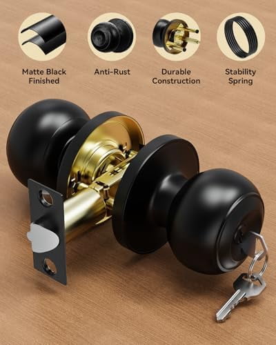 6 Pack Door Knob with Lock, Keyed Same Entry Door Knobs, Interior and Exterior Round Ball Door Lock for Front Bedroom or Bathroom, Door Knobs Matte Black Finish
