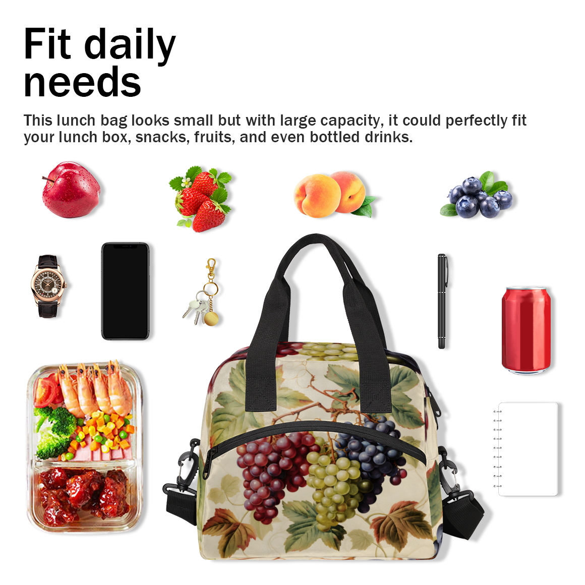 Herdesigns Fruit Insulated Lunch Bag for Women Men Adults Large Reusable Lunch Box Grapes Leakproof Cooler Tote Bags with Adjustable Shoulder Strap