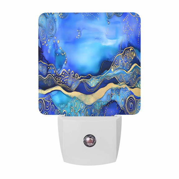 Ombre Blue Gold Marble Texture Plug-in LED Night Lights Waves Abstract Art Auto Dusk-to-Dawn Sensor for Bedroom, Bathroom, Kitchen, Nursery, Hallway, Stairs, Wall Home Decor