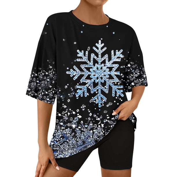 Puntoco Pijamas para mujer Conjunto de camiseta y pantalones cortos de manga corta con cuello redondo y estampado navideño para mujer Ropa para estar en casa