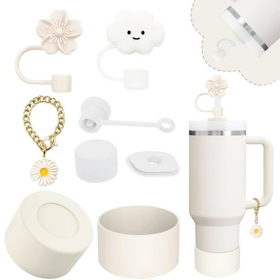 Cup Accessories Set, Including 2 Pcs 0.4in Straw Cover, 1 Silicone Spill-Proof Stopper Set of 3, 1 Flower Handle Charm, 1 Silicone Boot Fits 40&30 Oz Tumbler (Cream)