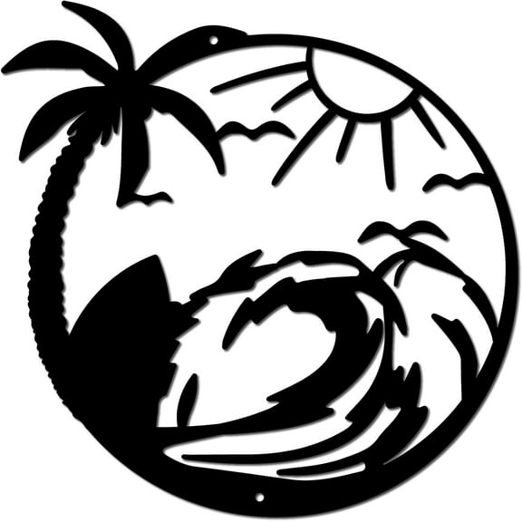 DIY Seascape Metal Wall Decor Round Wall Art Black Palm Tree Sun Ocean Sea Wave Wall Sculpture Hanging Wall Artwork Decor Wall Signs Decoration for Indoor Outside Living Room Home 12x12Inch DIY