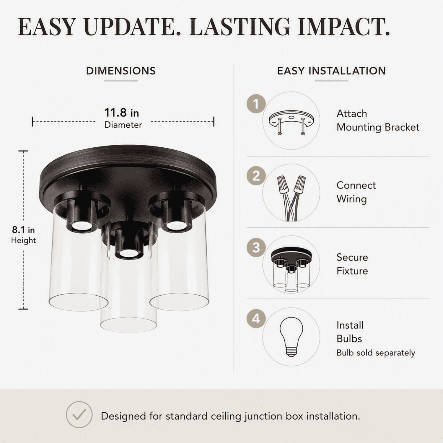 Better Homes & Gardens 12 in. Farmhouse 3-Light Walnut Flush Mount Ceiling Light with Clear Glass Shades