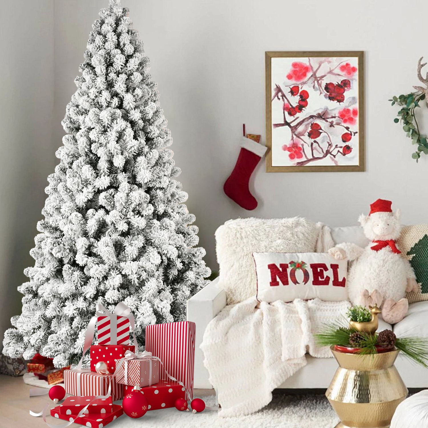 9FT Pre-Lit Flocked Christmas Tree, Hinged Artificial Xmas Tree/PVC Branches, 650 Lights