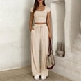 thumbnail image 6 of Women's Summer 2 Piece Matching Lounge Sets Short Sleeve Crop Tops Wide Leg Pants Airport Travel Outfits Beige XL(XL), 6 of 7