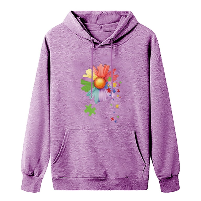 HAPIMO Sales Sweatshirt for Women Pocket Drawstring Pullover Tops Flower  Graphic Print Long Sleeve Relaxed Fit Womens Hoodie Sweatshirt Teen Girls  Clothes Purple M 