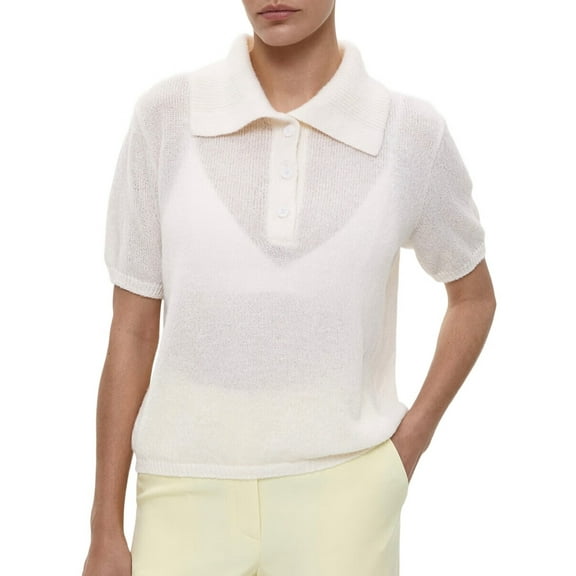 Women Short Sleeve Sweater Large Lapel Neck Knitted Tops Casual Sweater Shirt Loose Pullover Sweater Grey L