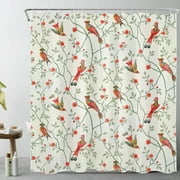 HVEST Vintage Bird Shower Curtain for Bathroom Cardinals and Rustic Red Floral Green Leaf on Beige Bathroom Shower Curtains with Hooks, Spring Farmhouse Bathroom Curtains Shower Set 69x70 inch