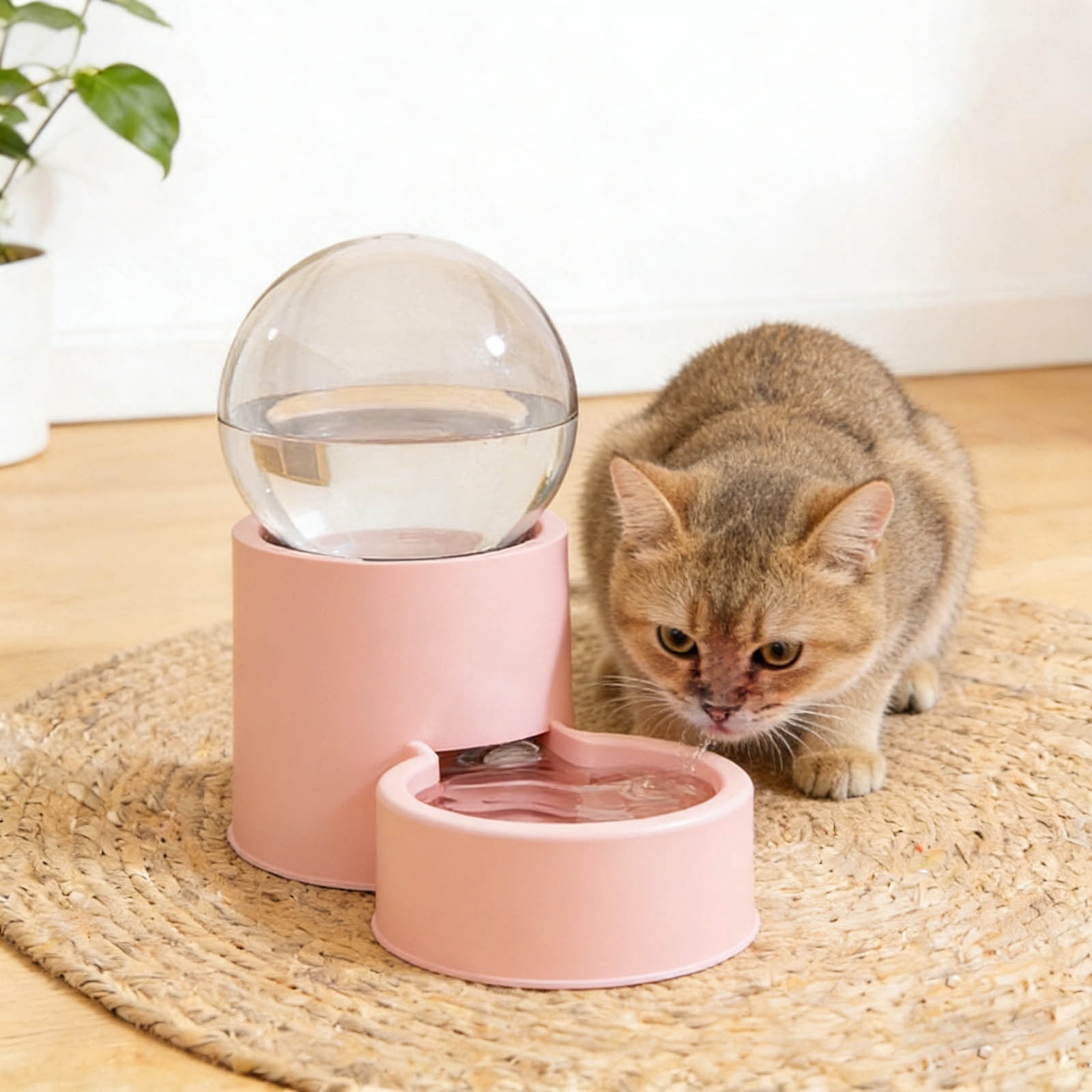 2-in-1 Automatic Cat Feeder Water Dispenser 44oz/1300ml Gravity Leak-Proof Pet Feeding Station Large Capacity No-Plug Food Water Bowl for Kitten Small Dog Pink