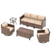 ELPOSUN 7-Piece Rattan Outdoor Patio Furniture Set with Swivel Chairs and Storage Table, Beige