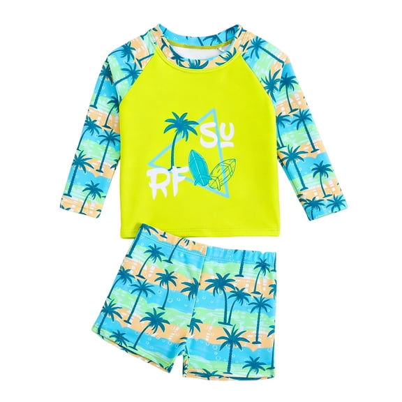 Ticikt Boys Long Sleeve Swim Shirt and Shorts Tropical Print Sun Swimwear for Kids Beach Pool,Color:Multicolour,Size:6-9 Months