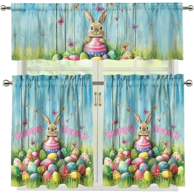 Happy Easter Bunny Kitchen Curtain Valance and Tiers Cute Rabbit 24 Inch Length Tier Curtains with Valance Rod Pocket Window Tiers Home Collection,3 Pack Holiday Decoration,Size M