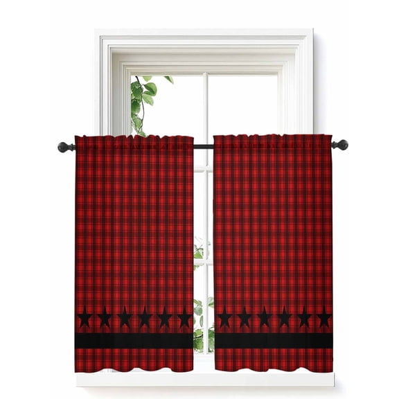 Red Black Plaid Curtains 45 Inch Length,Sheer Curtains for Bedroom Living Room Window Country Vintage Star Abstract Gingham Rod Pocket Drapes Kitchen Curtains Small Half Window 52"x45" 2 Panels
