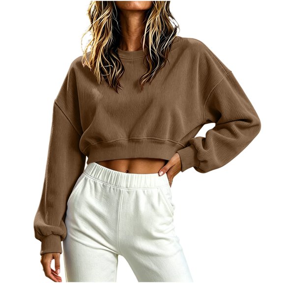 Womens Crew Neck Corduroy Cropped Sweatshirts Long Sleeve Loose Pullover, Oversized Tops Fall Winter Clothes for Ladies Brown XL
